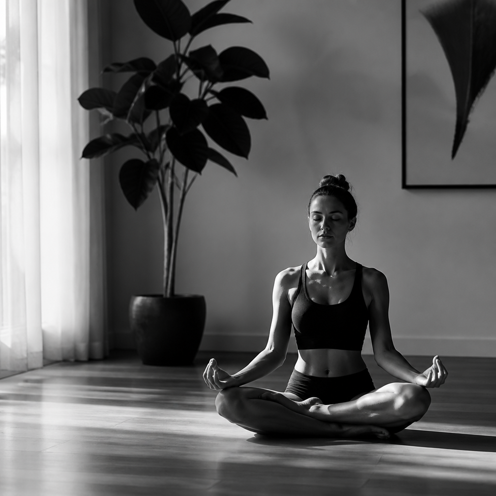Woman meditating peacefully in a sunlit room — Health & Wellness Coaching