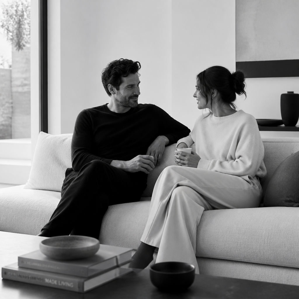 Couple having a warm conversation in a minimalist living room — Relationship Coaching