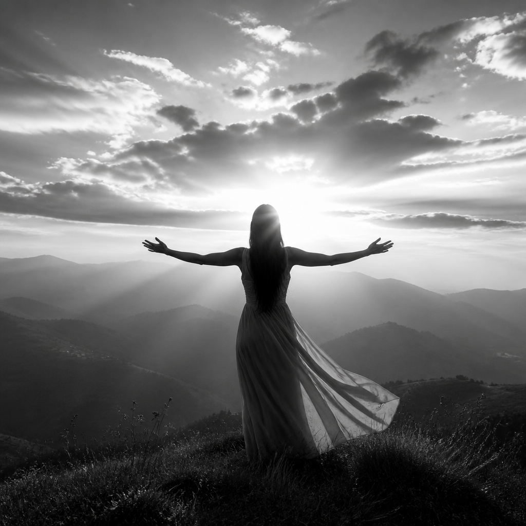 Woman standing on a hilltop at sunrise with open arms — Healing & Manifestation Program